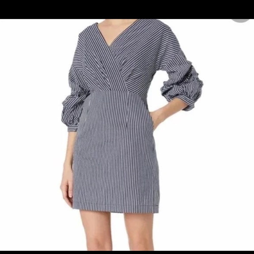 J.O.A.  Overlapping Wide Neck Dress with Puff Sleeve